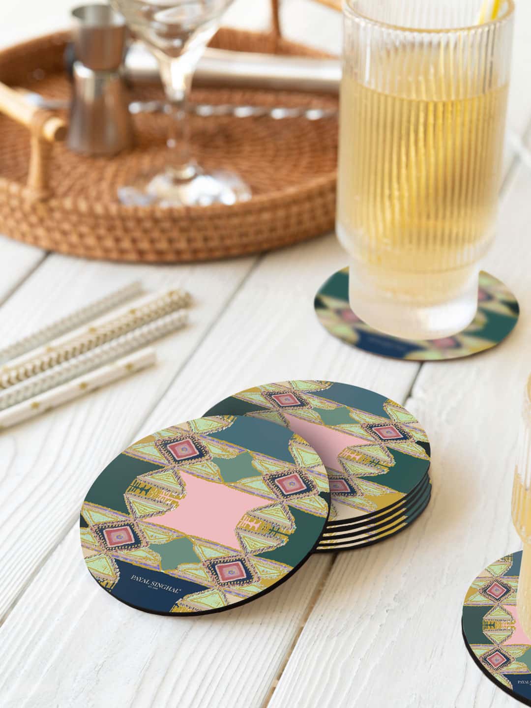 

macmerise Green & Pink 6 Pieces Aztec Printed Round Coasters
