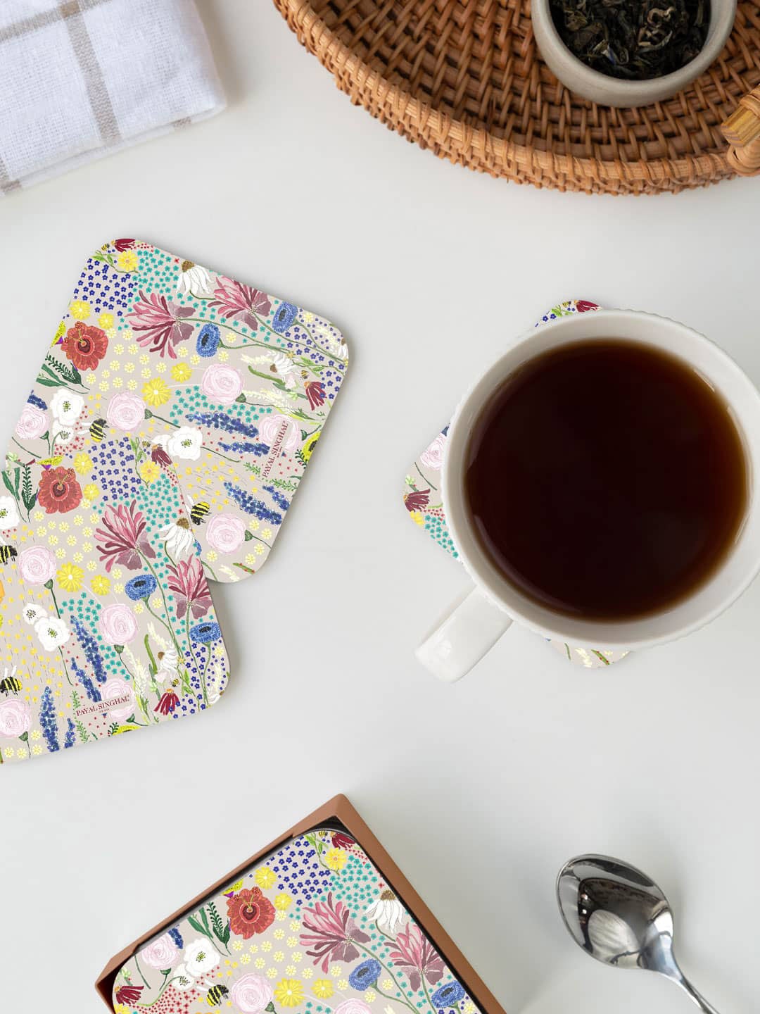 

macmerise Payal Singhal Yellow & Pink Bee Garden Stone Printed Square Coaster