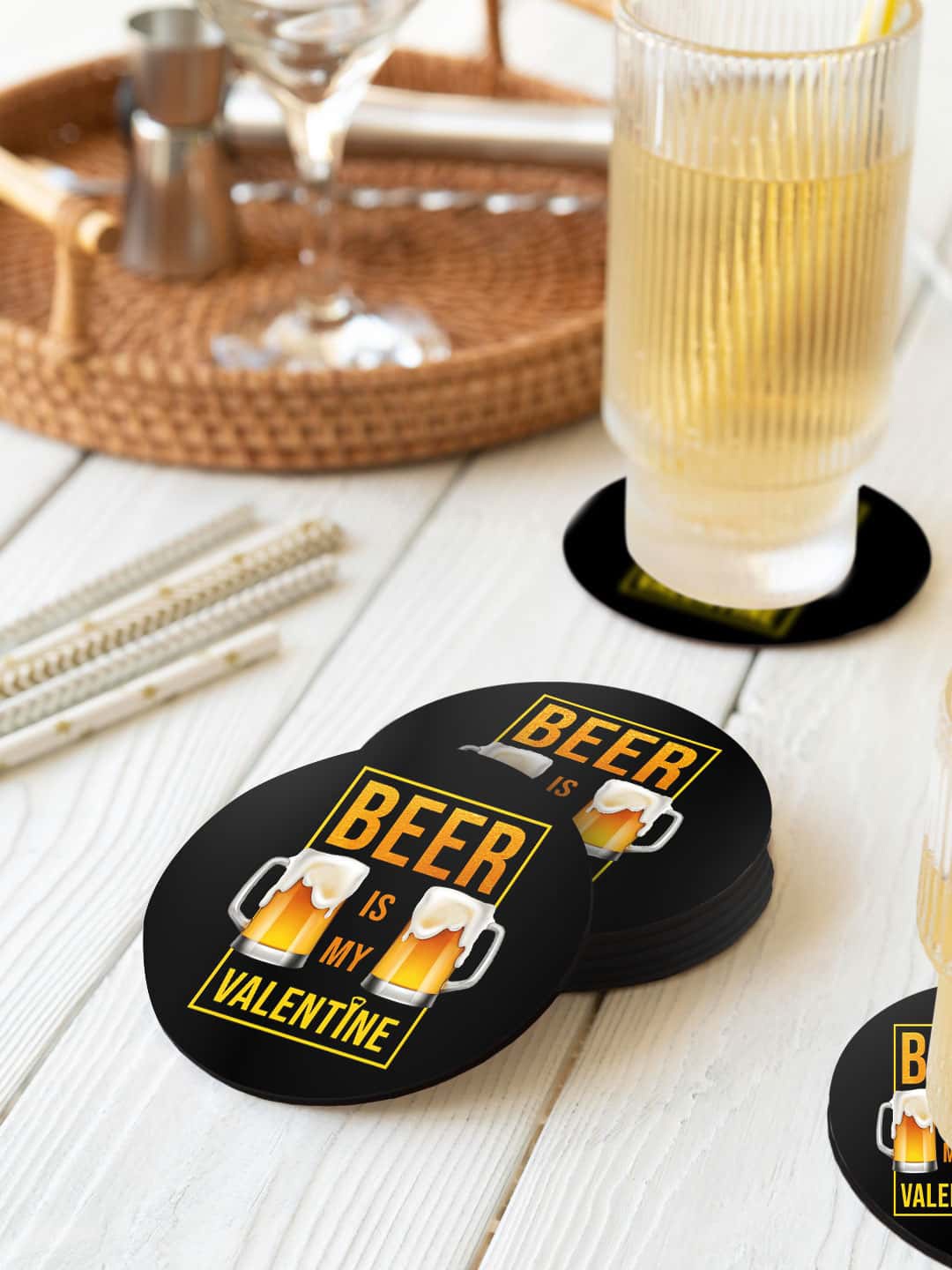 

macmerise Illustrations 6 Pcs Black & Yellow Beer My Valentine Printed Round Coasters