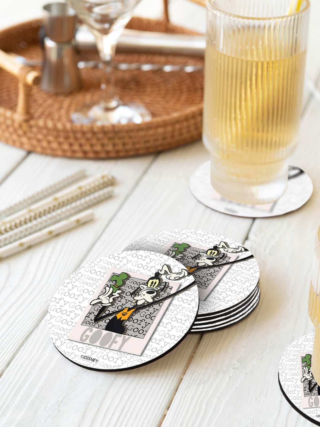 

macmerise Disney Grey & White 6 Pieces Hello Mr Goofy Printed Round Coasters