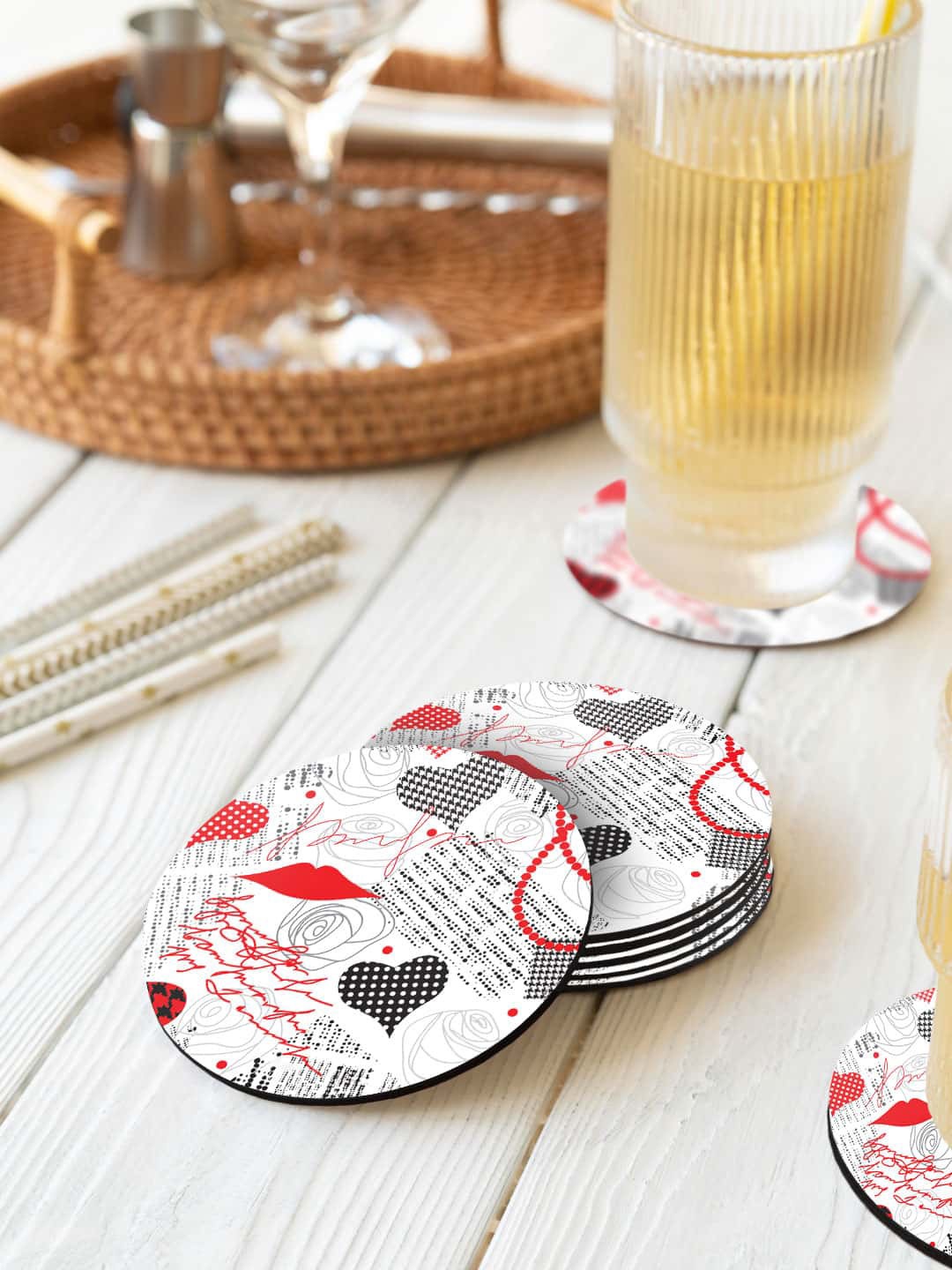 

macmerise Red & White 6 Pieces Love Printed Round Coasters