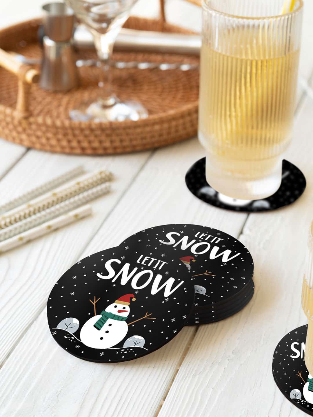 

macmerise Black & White 6 Pieces Let It Snow Printed Round Coasters