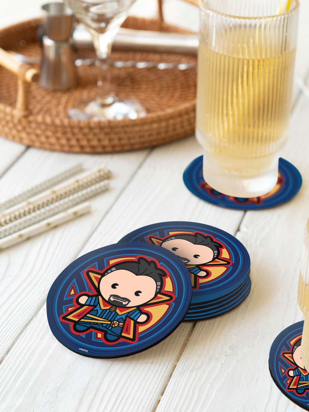 

macmerise Blue & Red 6 Pieces Kawaii Doctor Strange Printed Round Coasters