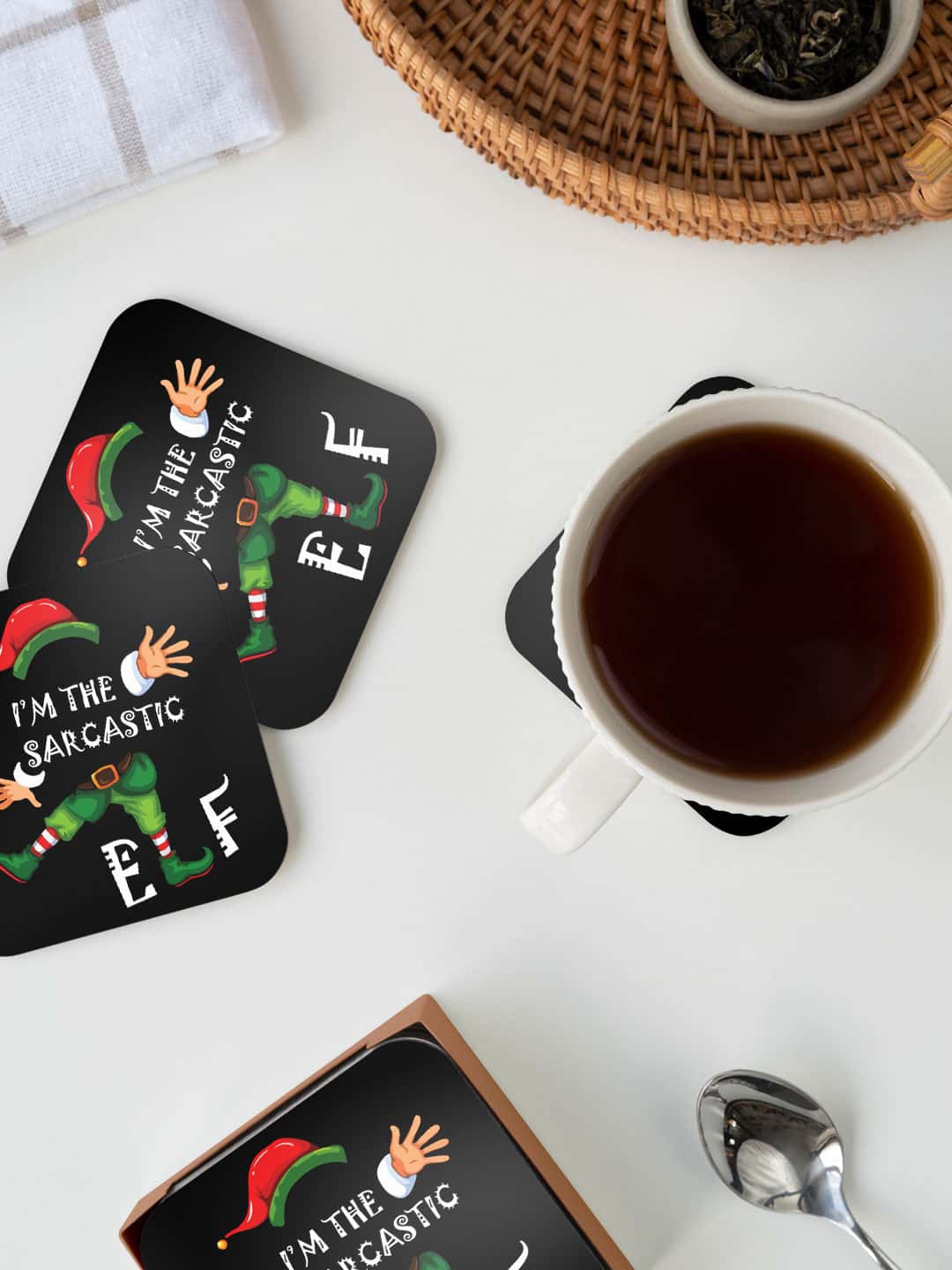 

macmerise Illustrations Black & Green Sarcastic Elf Printed Square Coaster