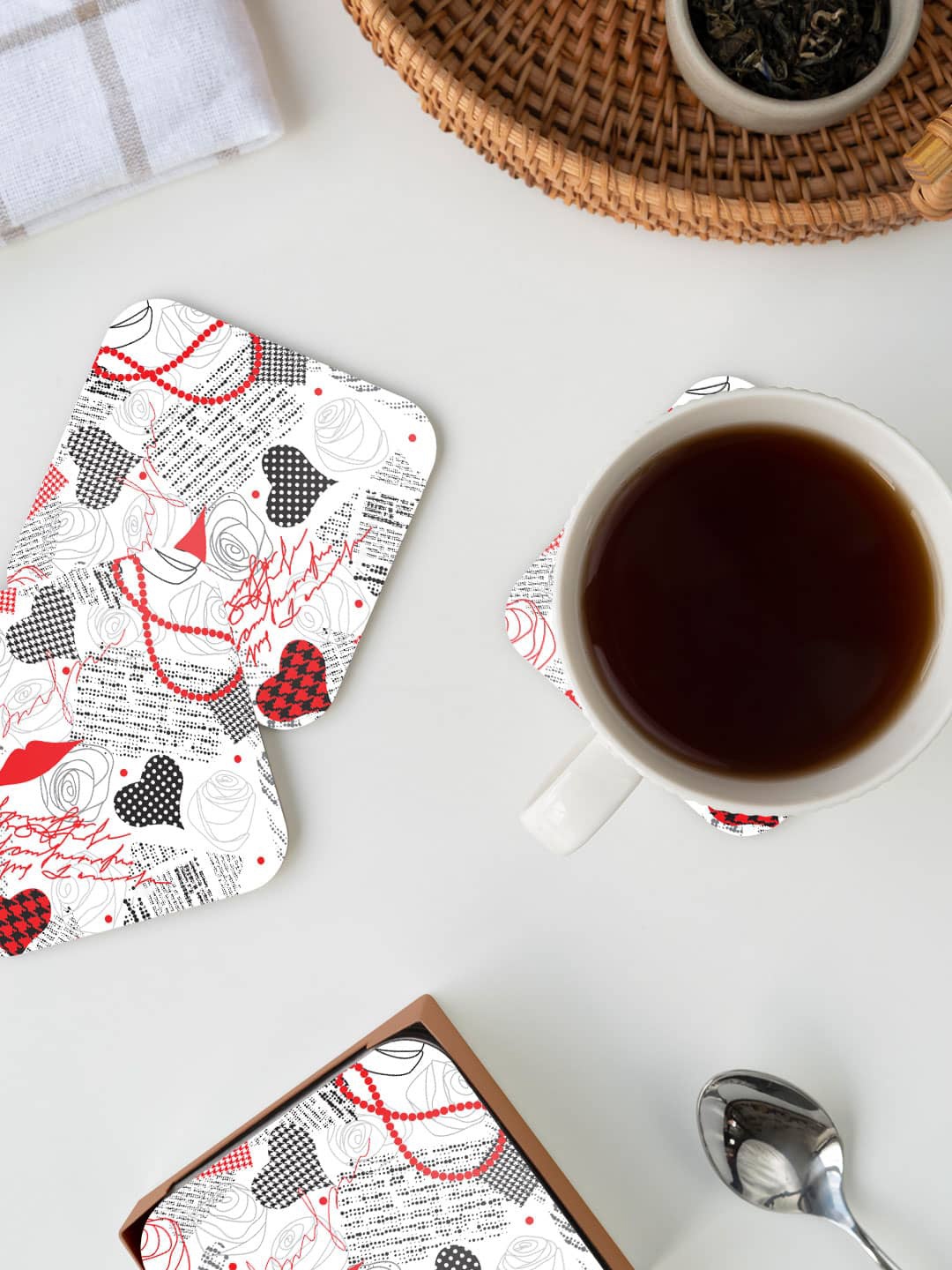 

macmerise Red & White Love Printed Square Coaster