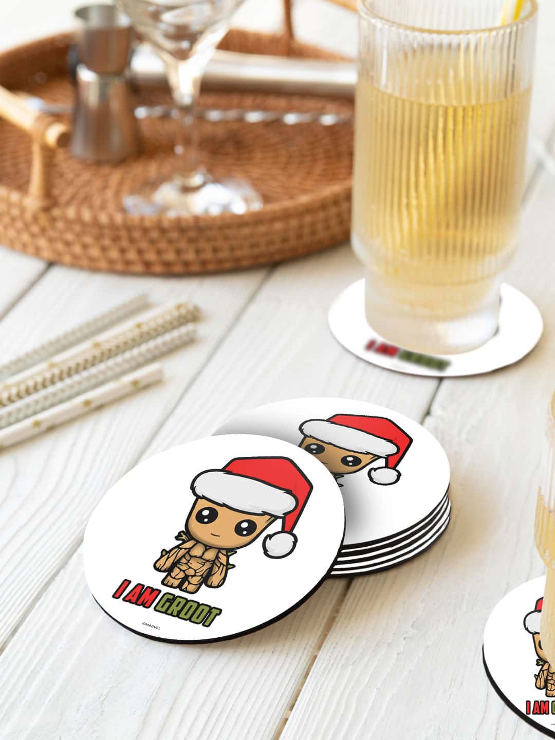 

macmerise Marvel White & Red 6 Pieces Groot Santa Printed Round Coasters