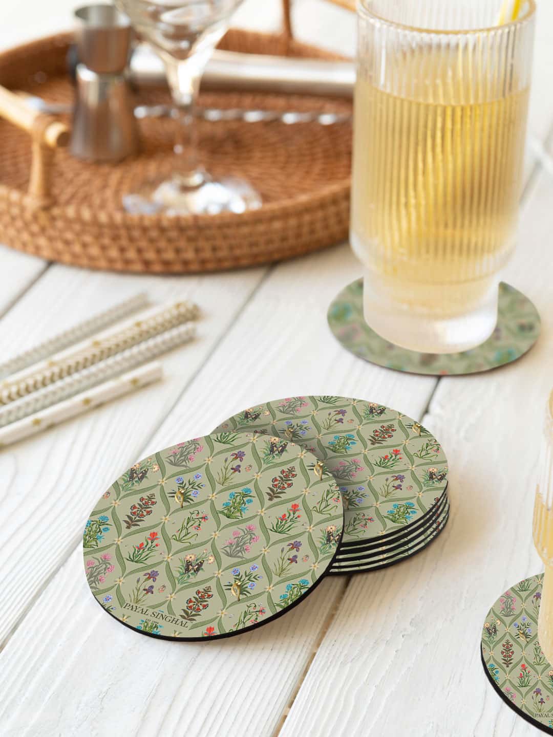 

macmerise Payal Singhal 6 Pcs Green & Pink Mughal Motifs Printed Round Coasters