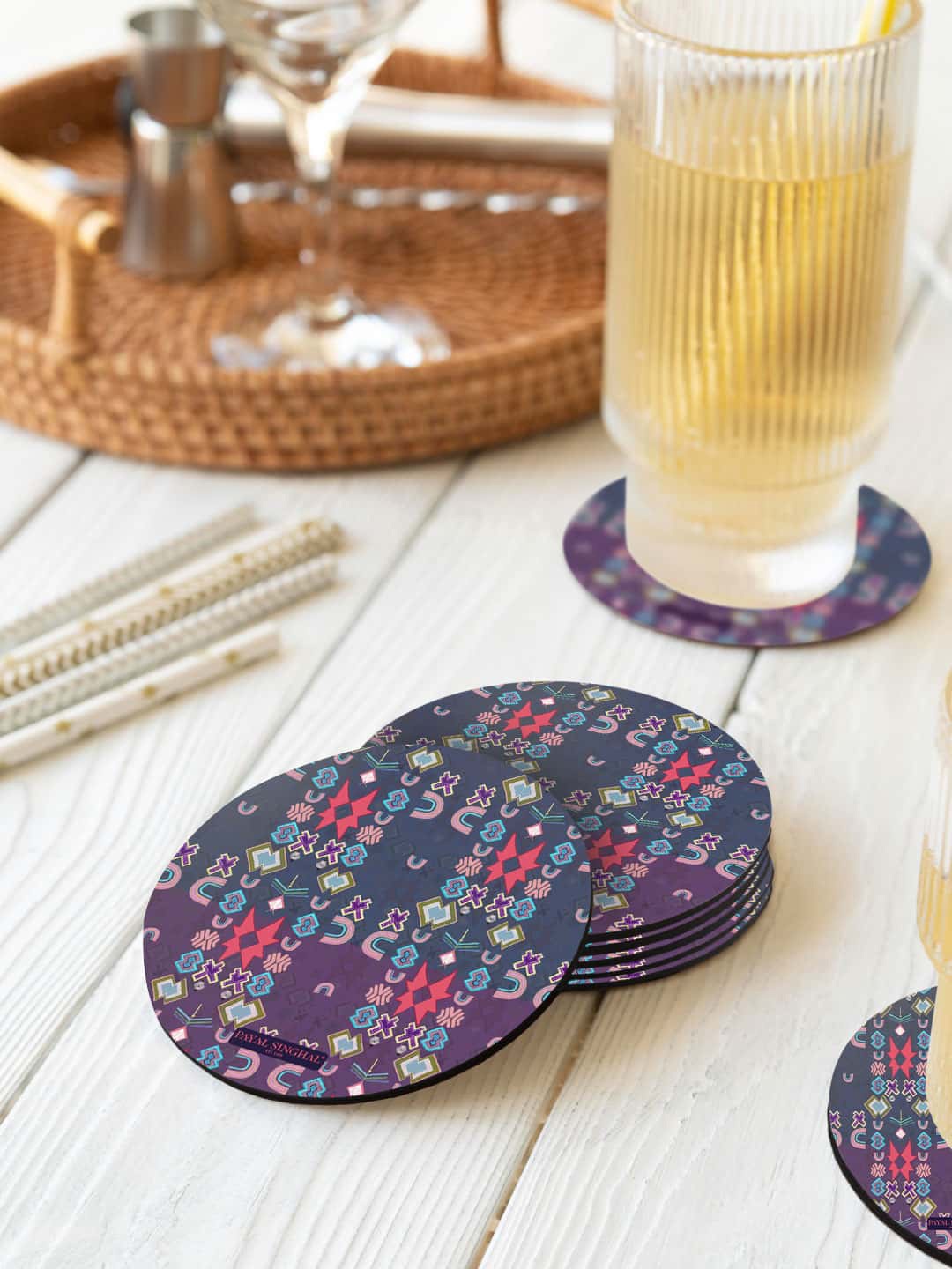 

macmerise Payal Singhal 6 Pcs Purple & Red Ikat Star Printed Round Coasters