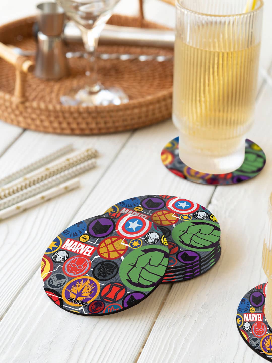 

macmerise Marvel Green & Yellow 6 Pieces Marvel Iconic Mashup Printed Round Coasters