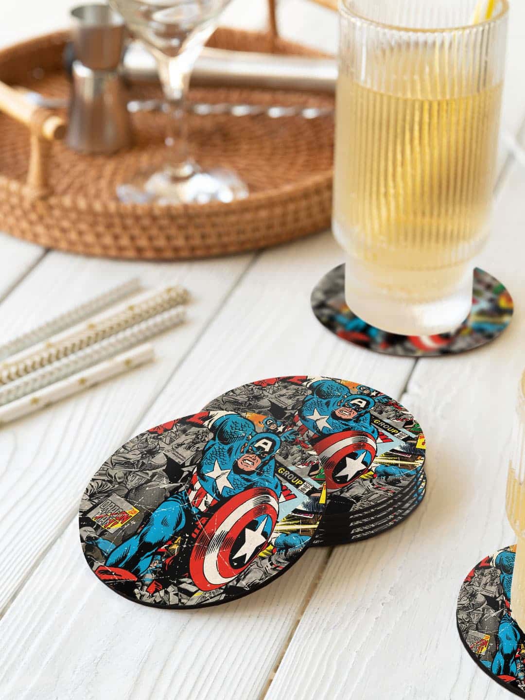 

macmerise Marvel Blue & Red 6 Pieces Comic Captain America Printed Round Coasters