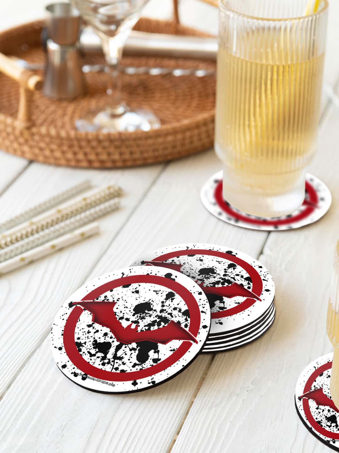 

macmerise DC Comics Red & White 6 Pieces The Batman Logo Printed Round Coasters