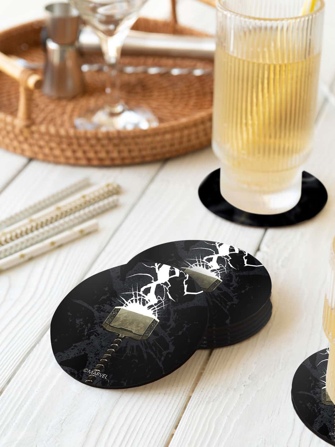

macmerise Marvel White & Black 6 Pieces The Thunderous Hammer Printed Round Coasters