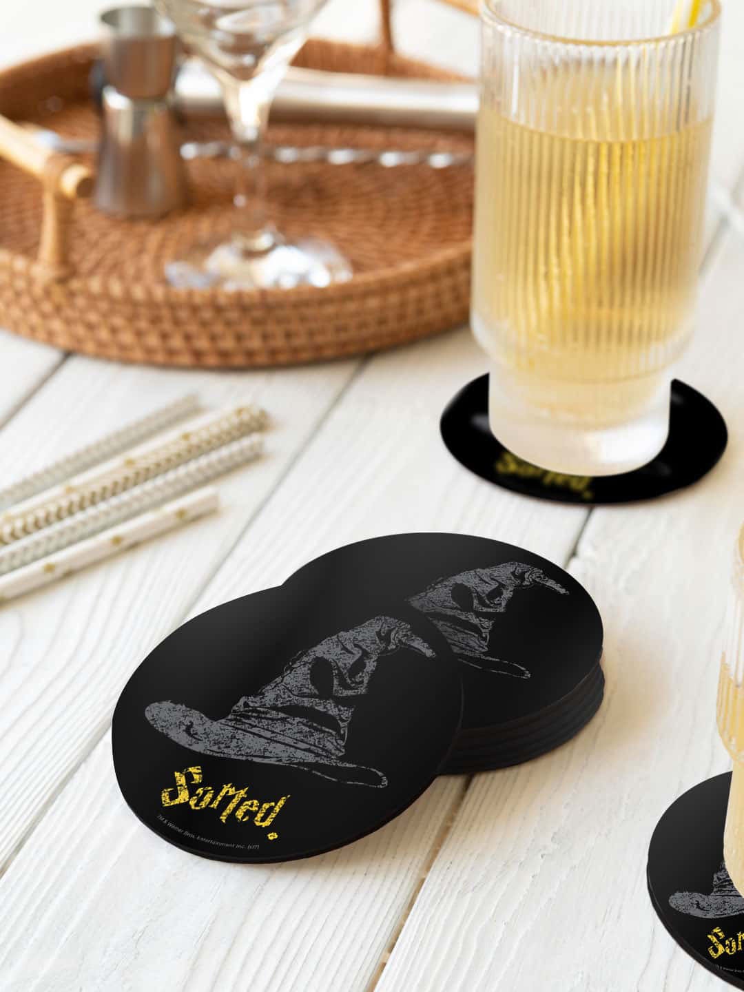 macmerise Harry Potter 6 Pcs Black & Yellow Sorting Hat Printed Round Coasters