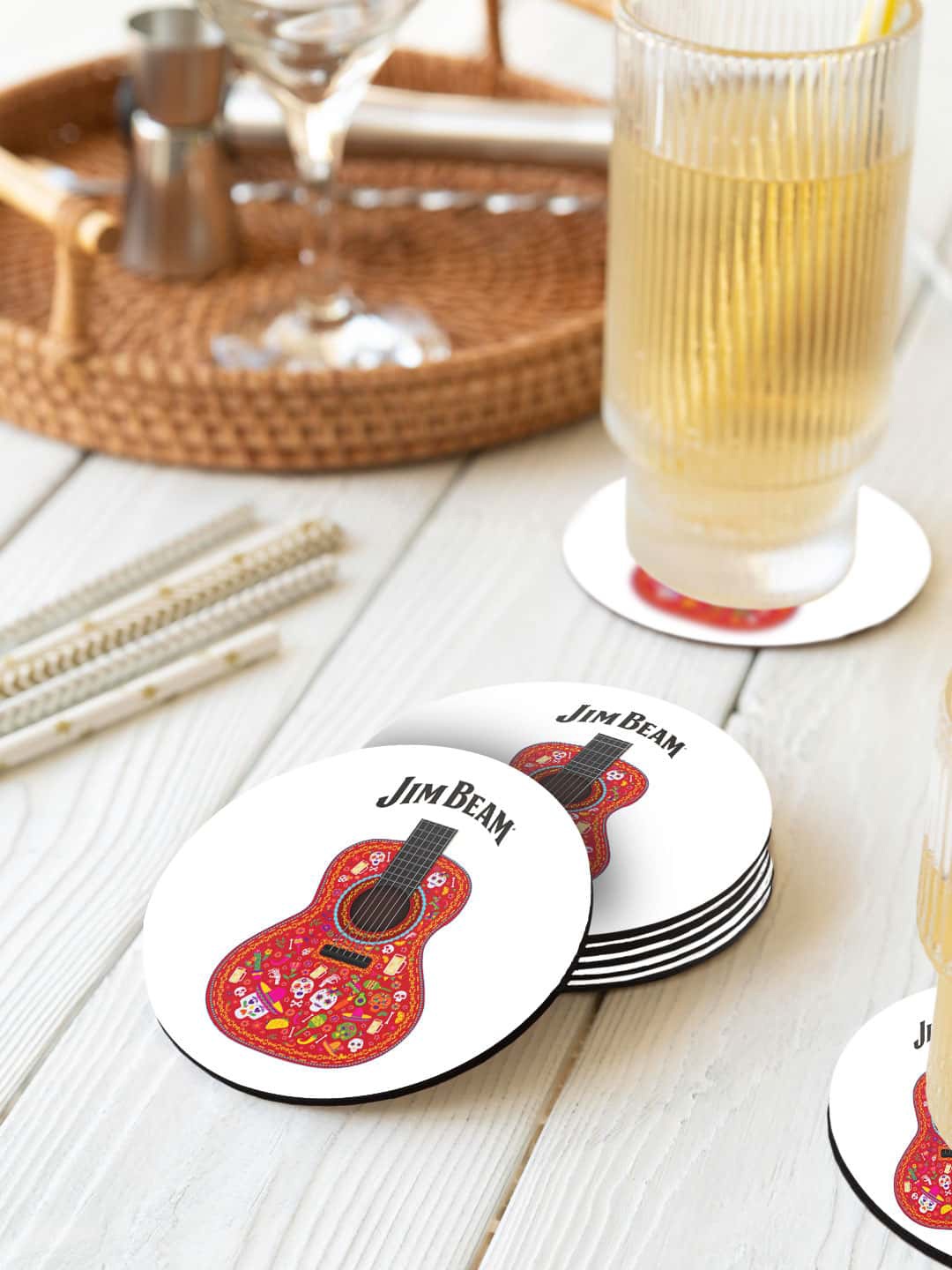 

macmerise Jim Beam 6 Pcs White & Red Guitar Printed Round Coasters