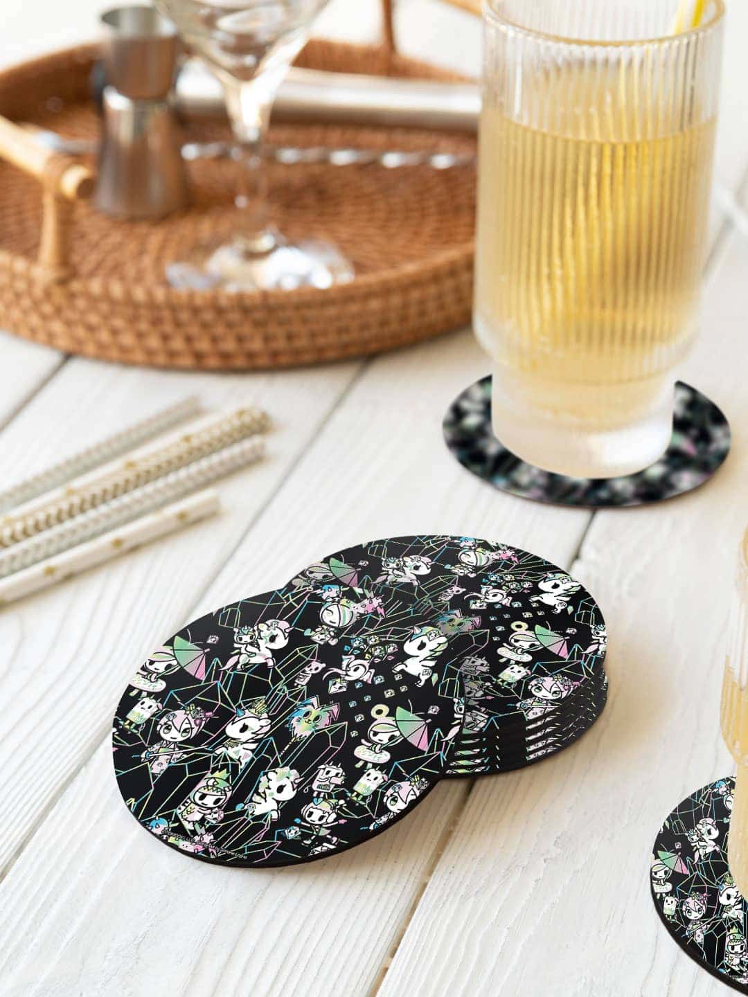 

macmerise Toki Doki Black & Green 6 Pieces Graffiti Printed Round Coasters