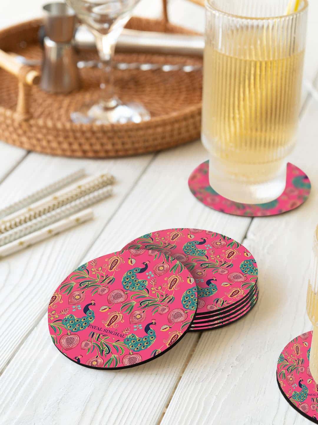 

macmerise Payal Singhal Green & Pink 6 Pieces Anaar & Mor Printed Round Coasters