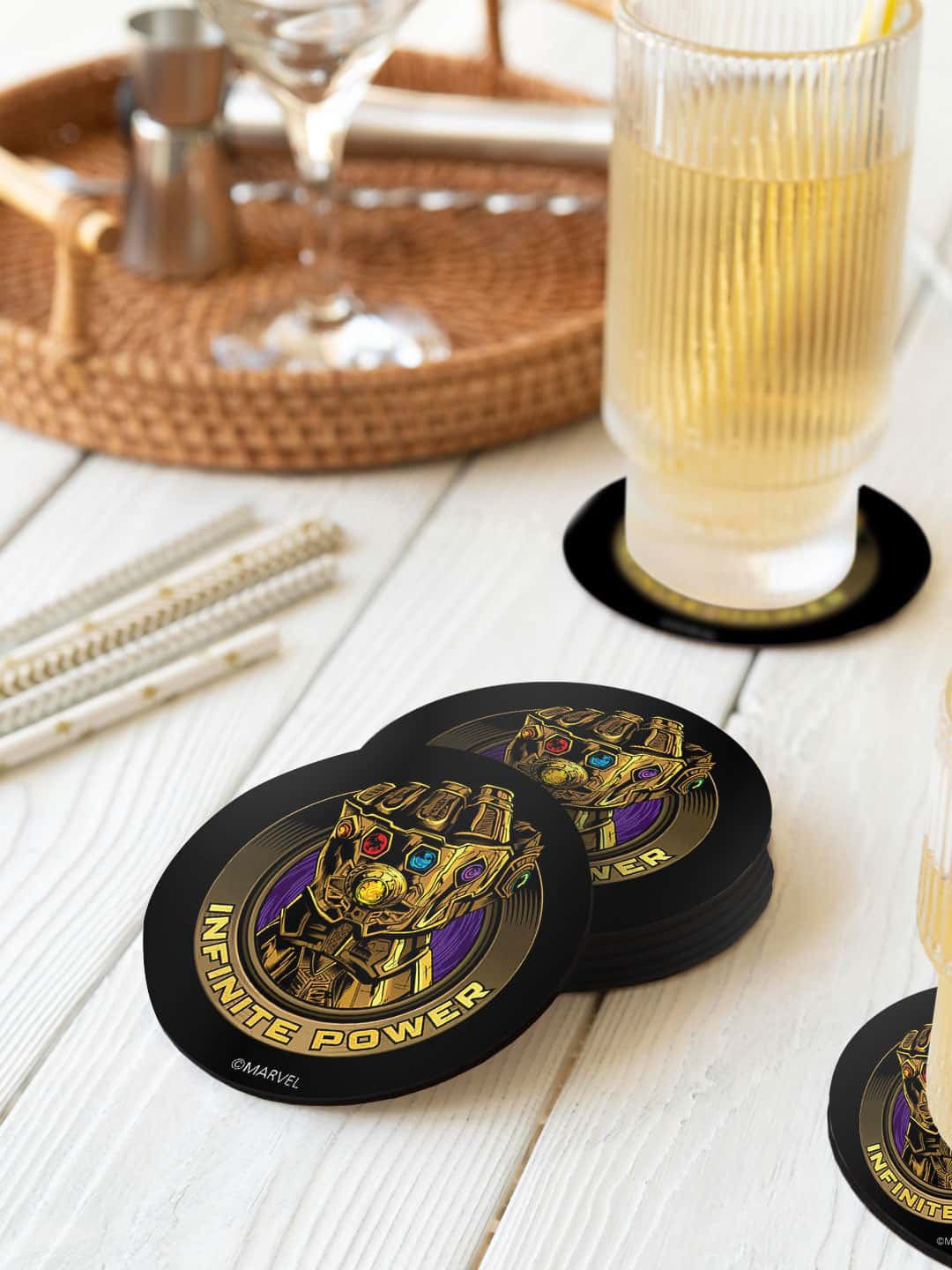 

macmerise Black & Yellow 6 Pieces Infinite Power Gauntlet Printed Round Coasters