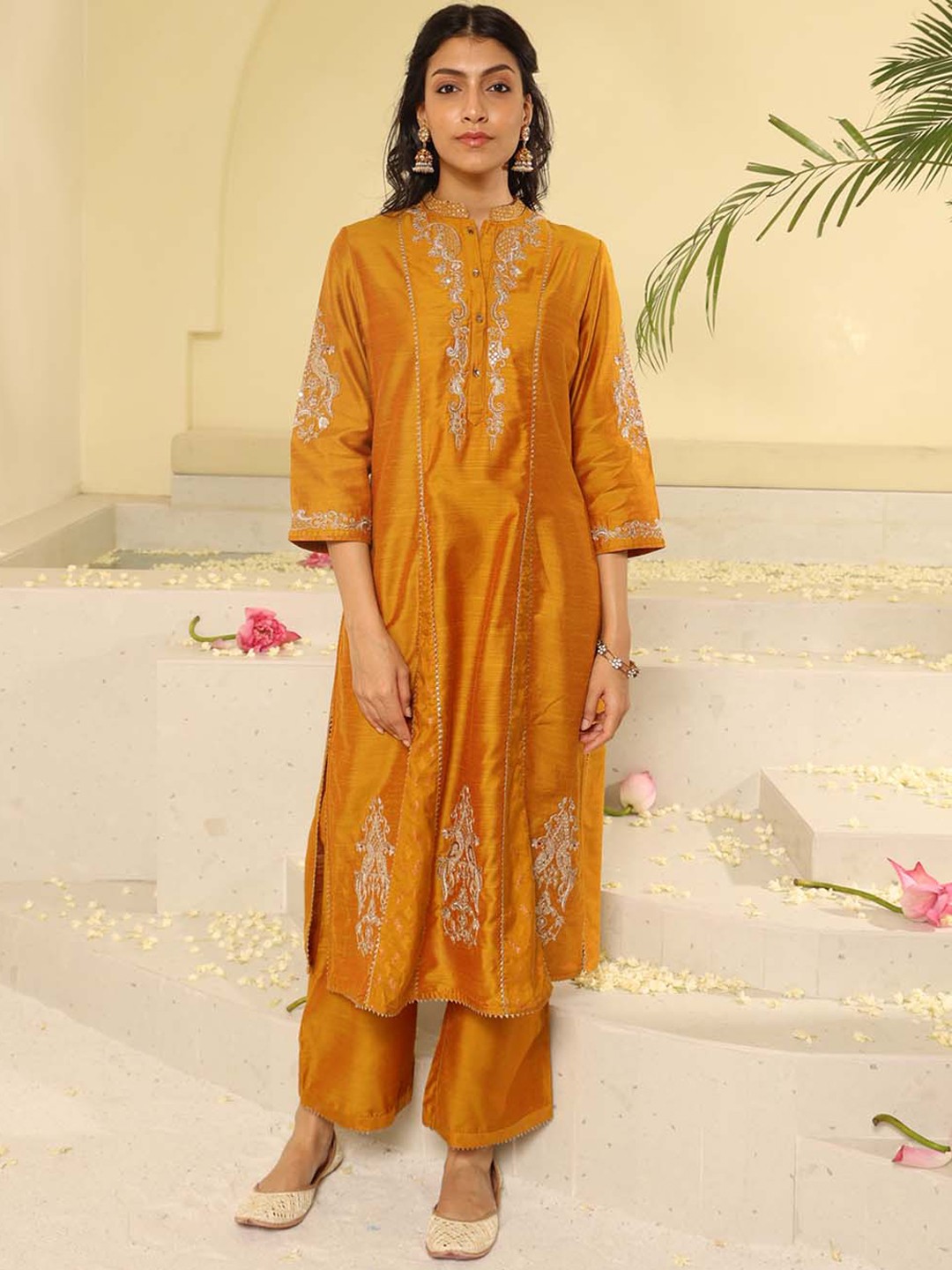 

Lakshita Paisley Embroidered Panelled Zardozi Kurta With Palazzos, Mustard
