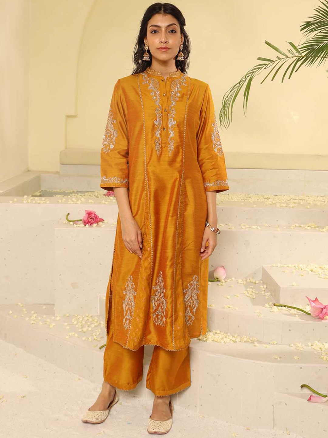 

Lakshita Paisley Embroidered Panelled Zardozi Kurta With Palazzos, Mustard