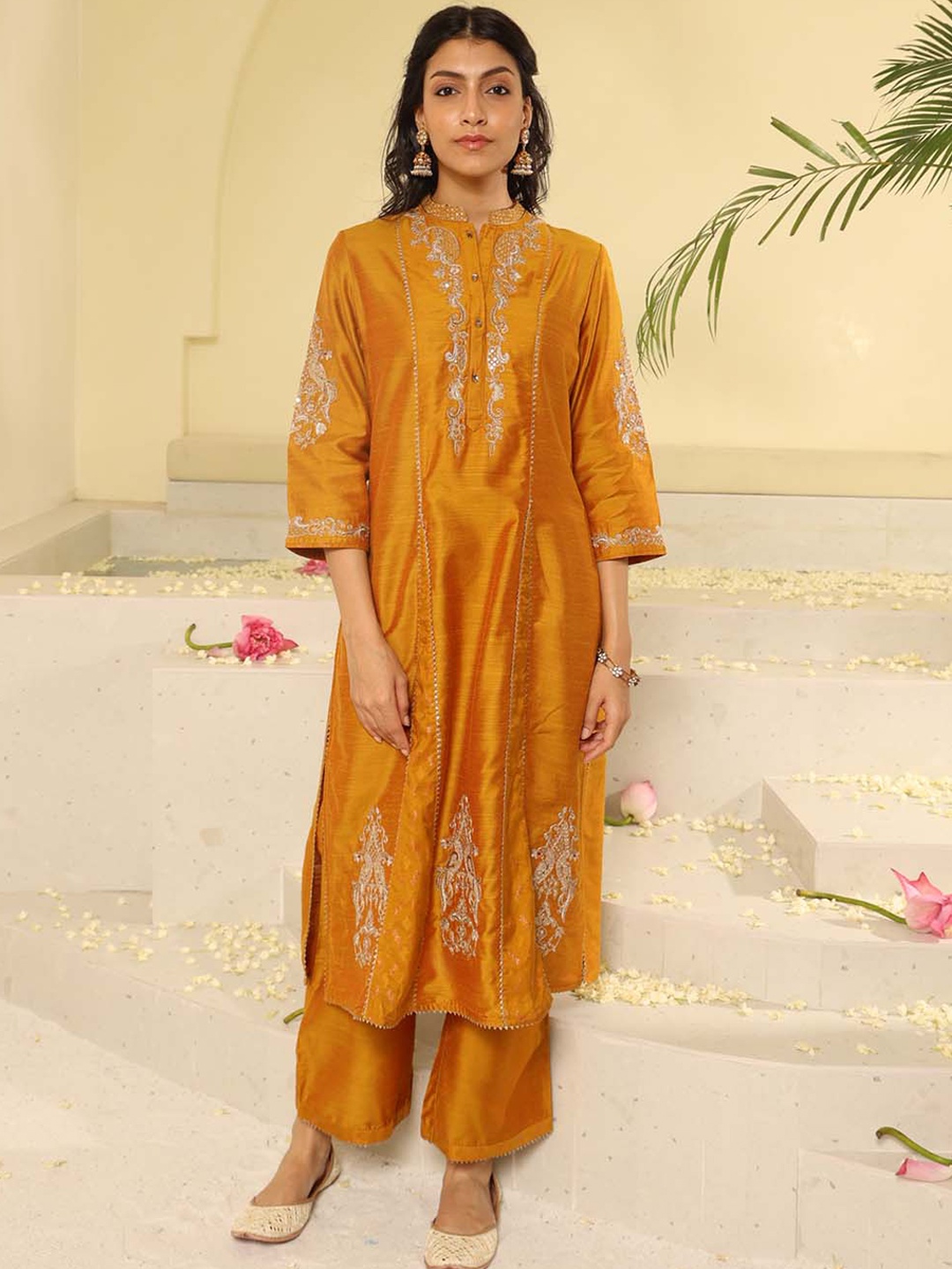 

Lakshita Paisley Embroidered Panelled Zardozi Kurta With Palazzos, Mustard