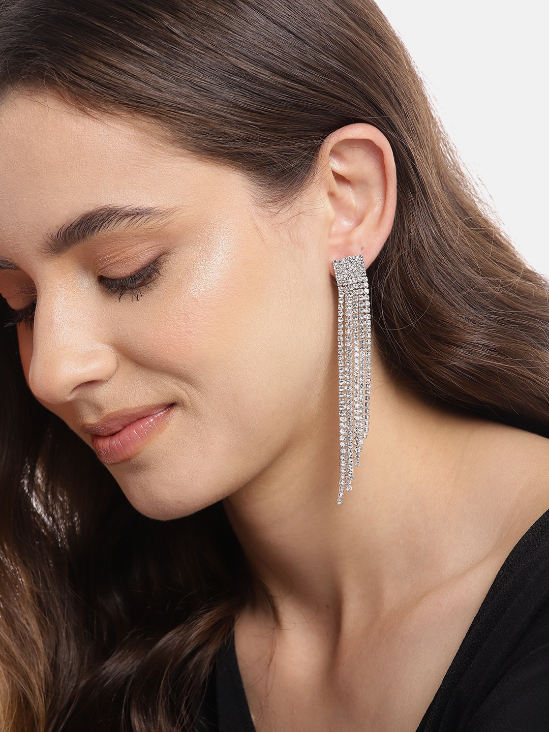 

Carlton London Rhodium-Plated CZ-Studded Contemporary Drop Earrings, Silver