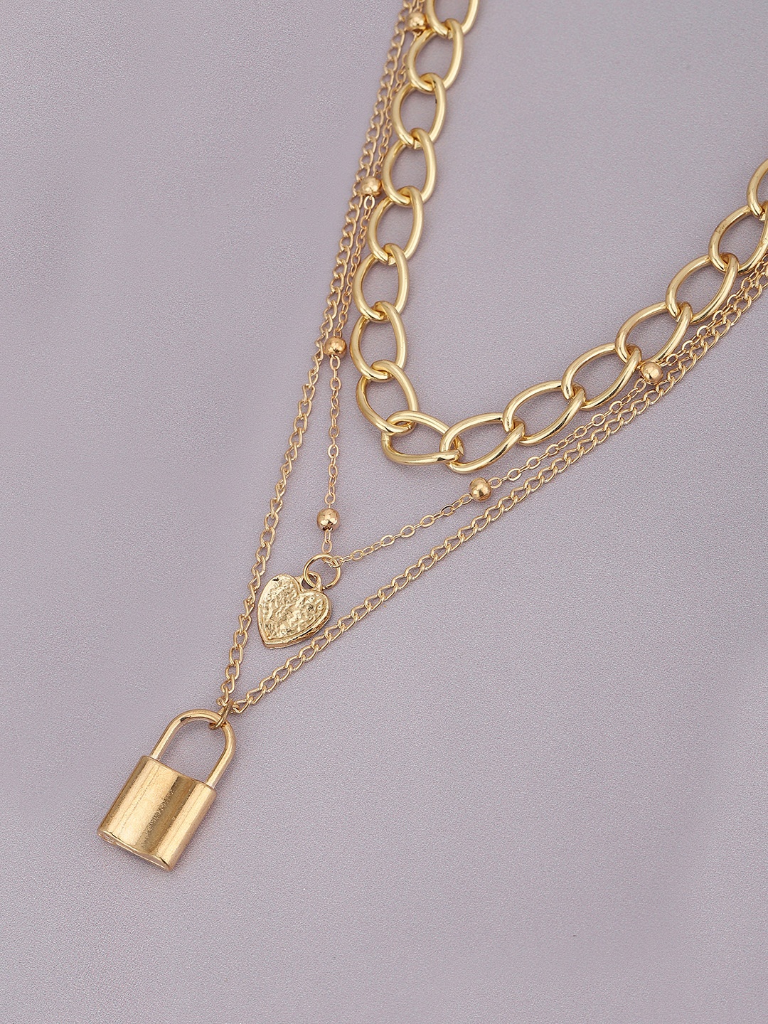 

Carlton London Women Gold-Plated Triple Chain with Dangling Heart & Lock Necklace