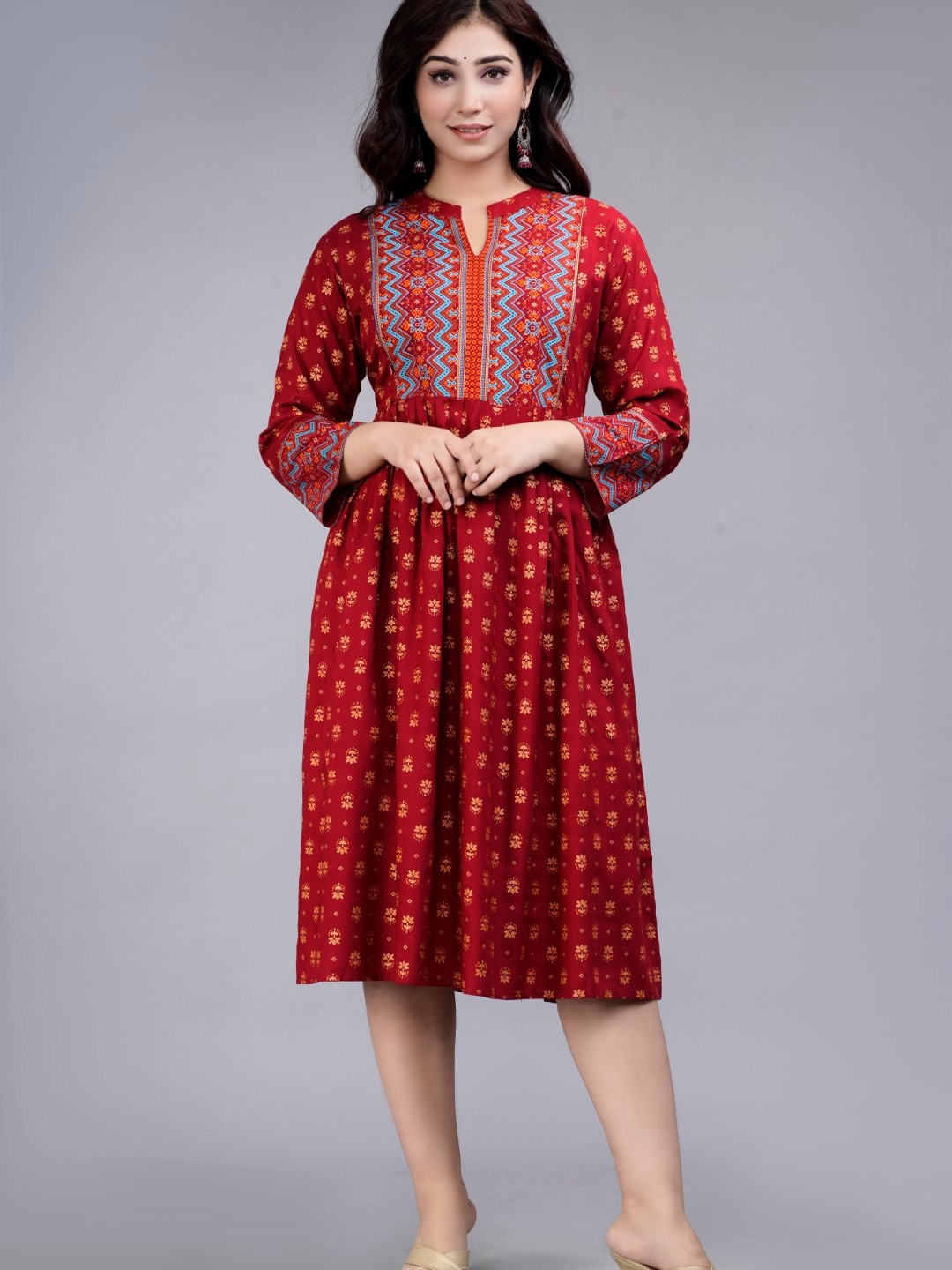 

SIPET Ethnic Motifs Printed Midi A-Line Ethnic Dress, Maroon