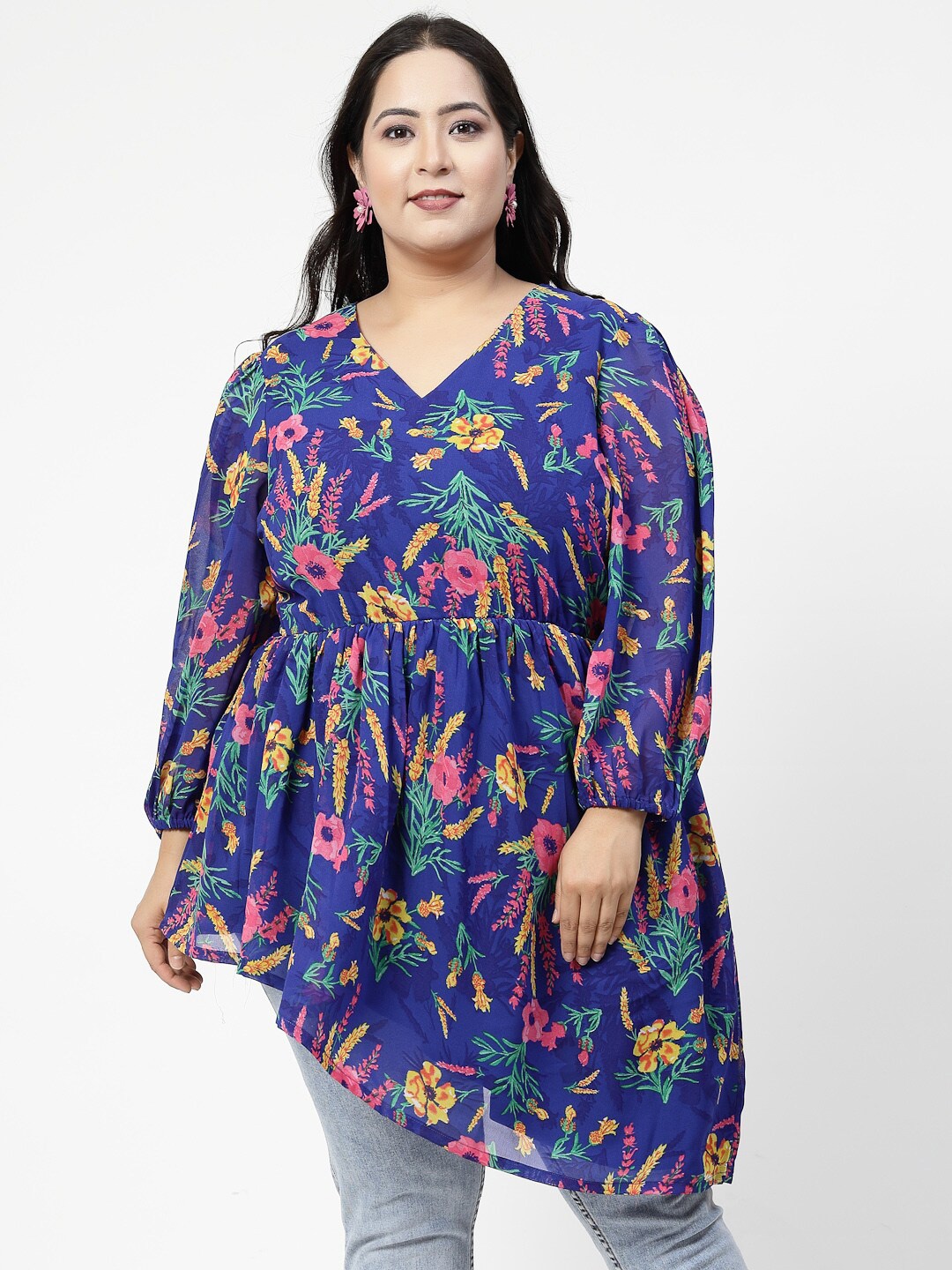 

plusS Plus Size Floral Printed V-Neck Puff Sleeves Gathered Regular Top, Blue