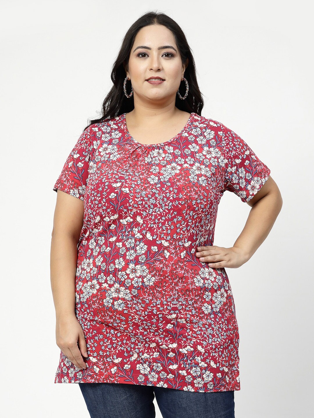 

plusS Plus Size Pink Floral Printed Cotton T-shirt