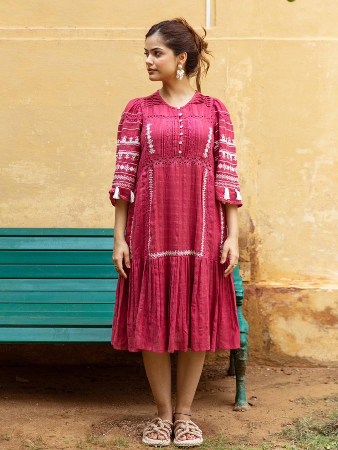 

Aadews Self Design Round Neck Pleated Cotton Midi Dress, Maroon