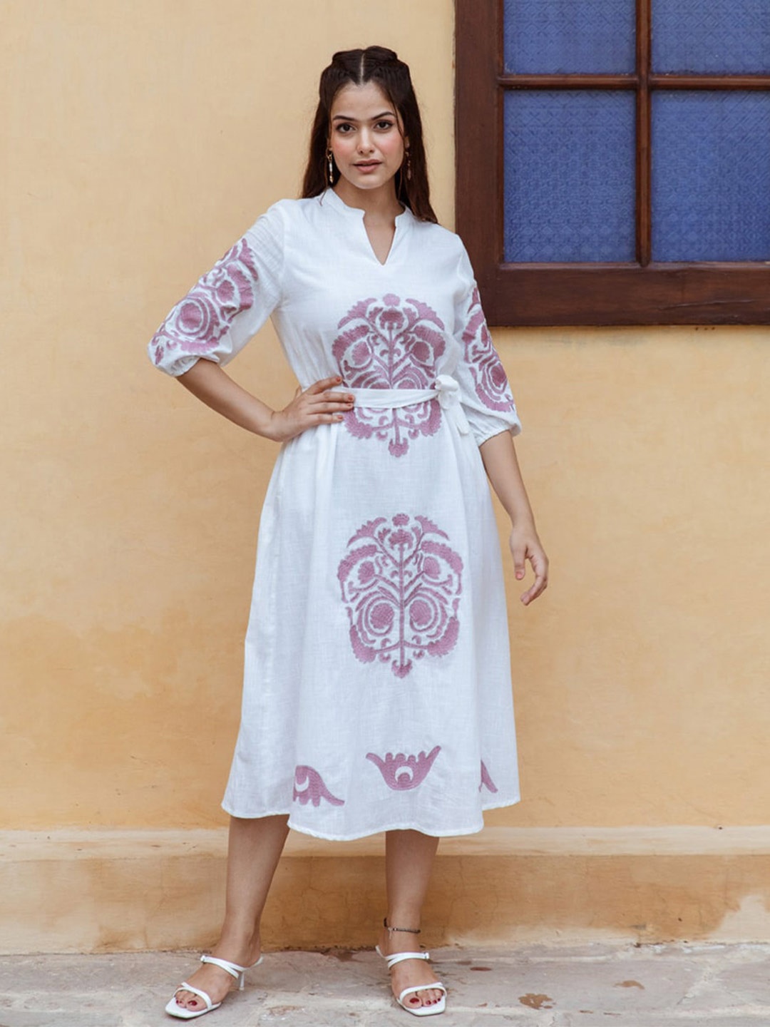 

Aadews Ethnic Motifs Embroidered Mandarin Collar Cotton A-Line Dress, White