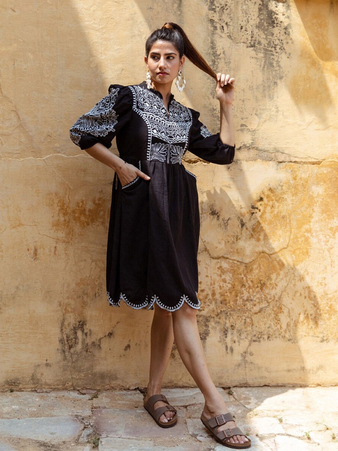 

Aadews Embroidered Mandarin Collar Puff Sleeve Fit and Flare Cotton Dress, Black