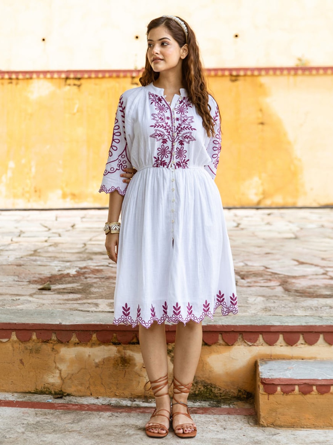 

Aadews Floral Embroidered Mandarin Collar Fit & Flare Cotton Dress, White
