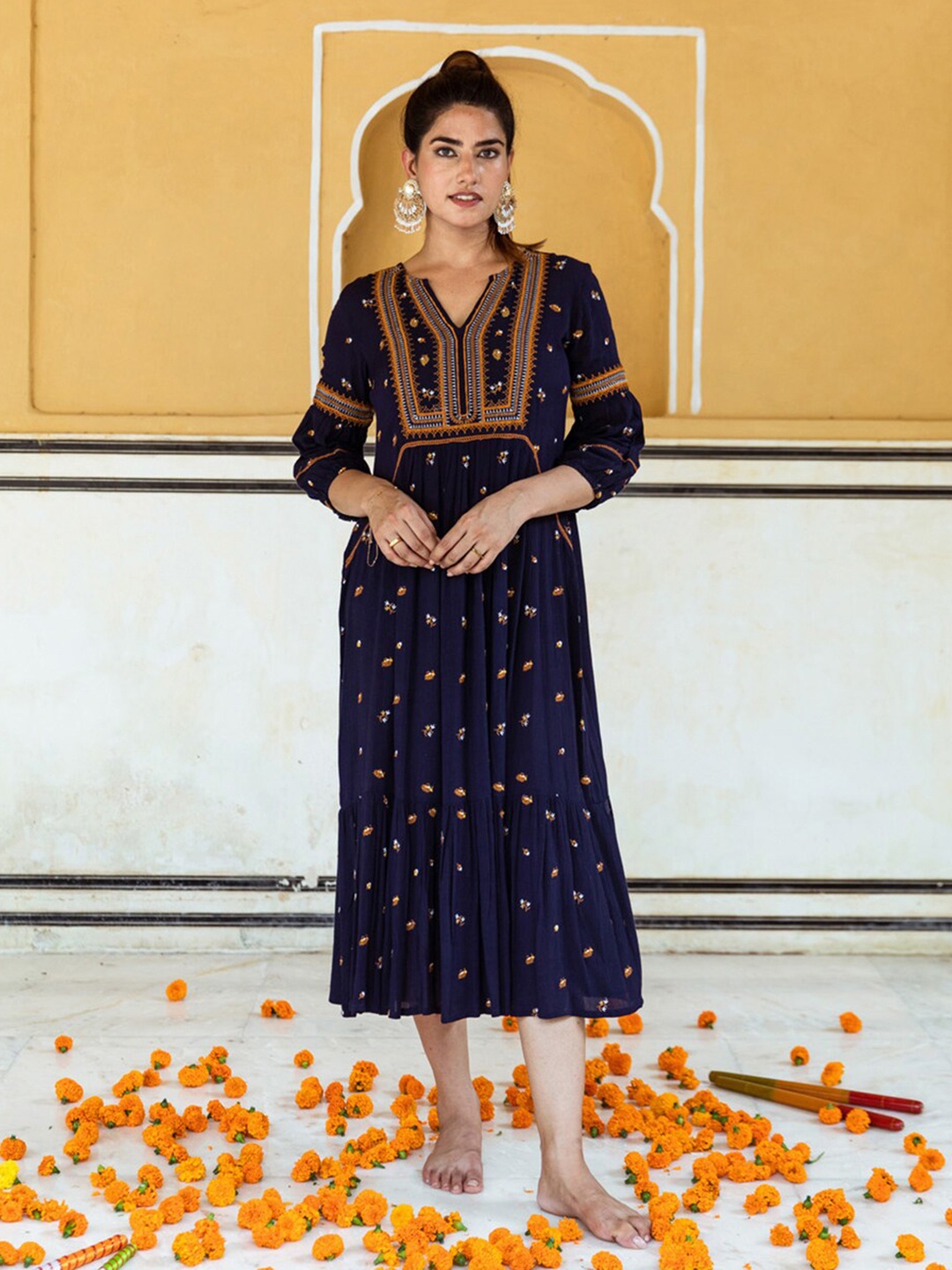 

Aadews Ethnic Motifs Embroidered Gathered Ethnic A-Line Midi Dress, Blue
