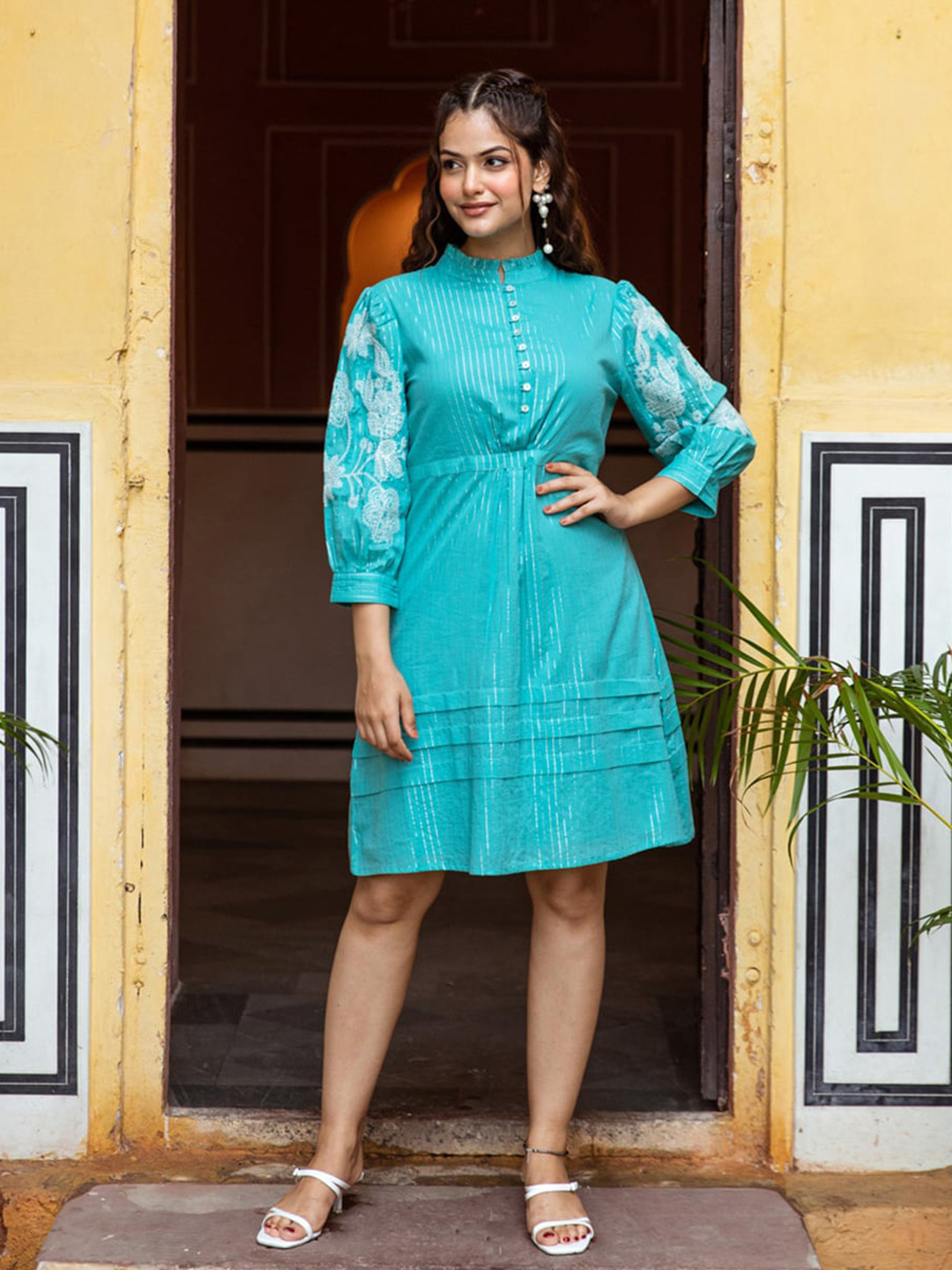 

Aadews Striped High Neck Puff Sleeve Cotton A-Line Dress, Turquoise blue
