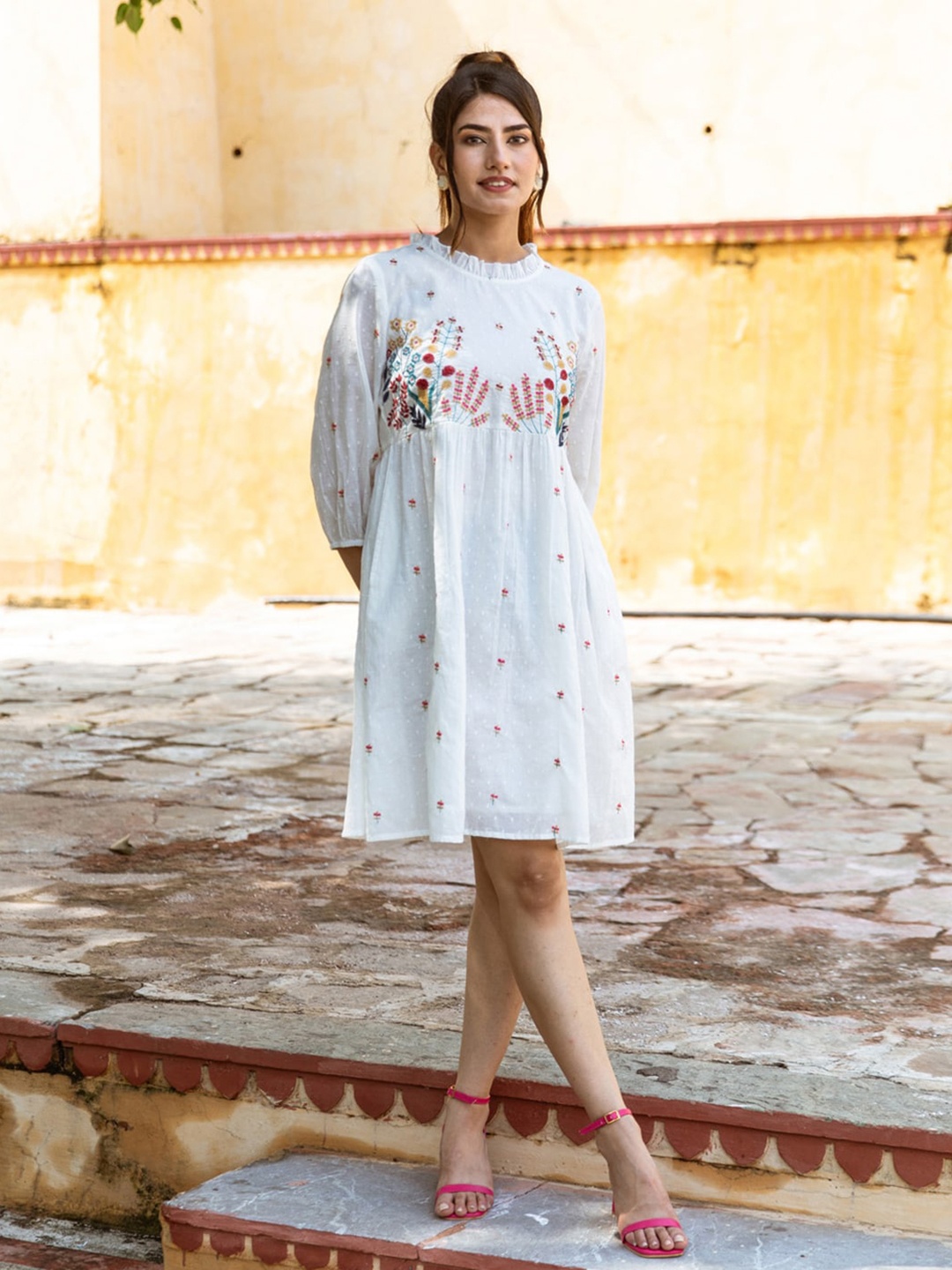 

Aadews Ethnic Motifs Embroidered Puff Sleeves Cotton A-Line Dress, White