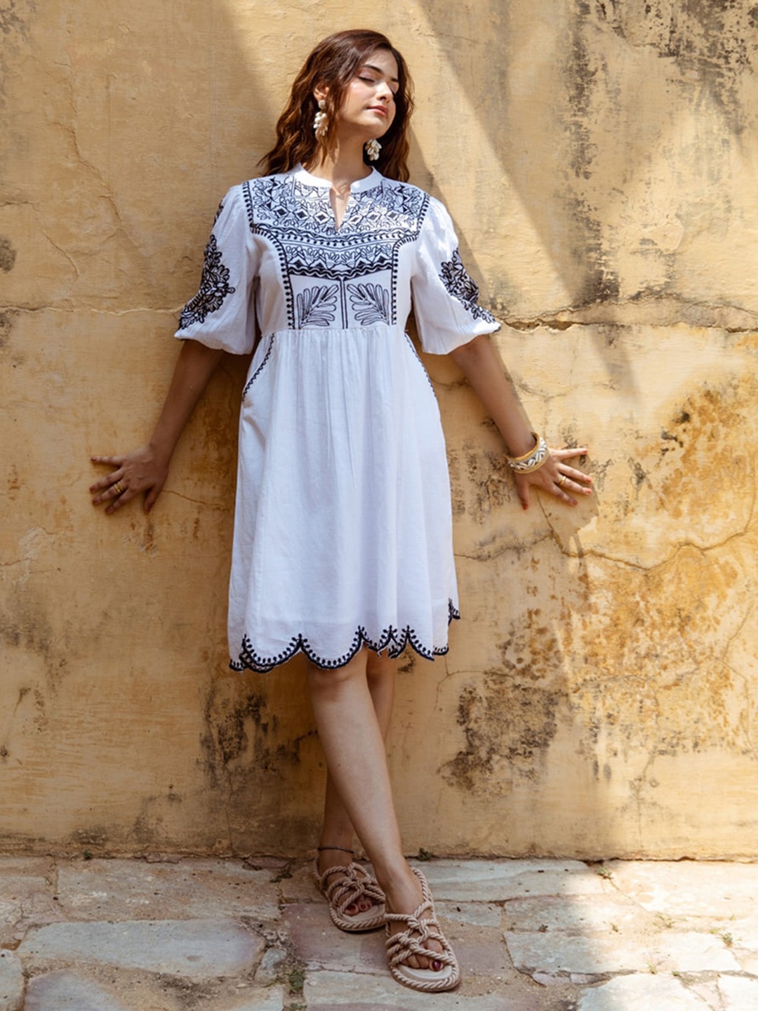 

Aadews Ethnic Motifs Embroidered Mandarin Collar Puff Sleeves Cotton A-Line Dress, White