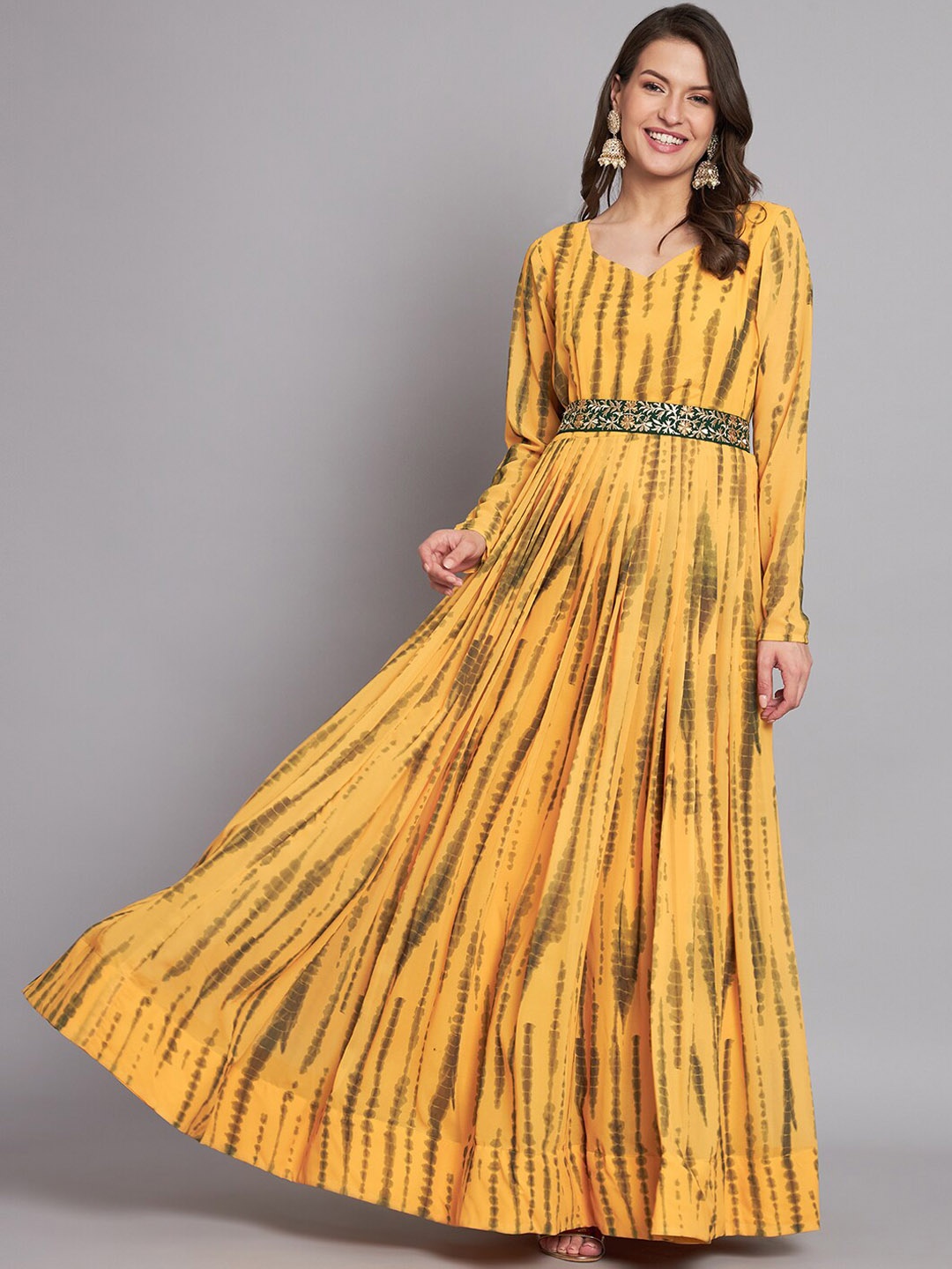 

KALINI Tie & Dye Fit & Flared Regular Fit Maxi Ethnic Dresses, Yellow