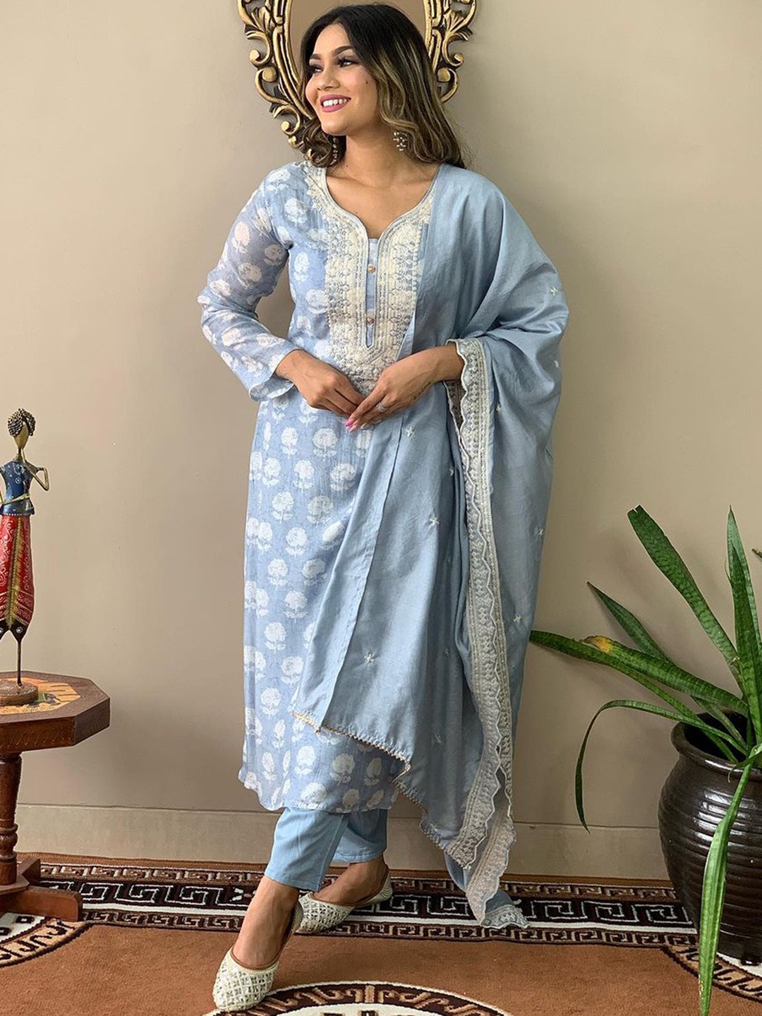 

KALINI Floral Printed Thread Work Pure Cotton Kurta With Trousers & Dupatta, Blue