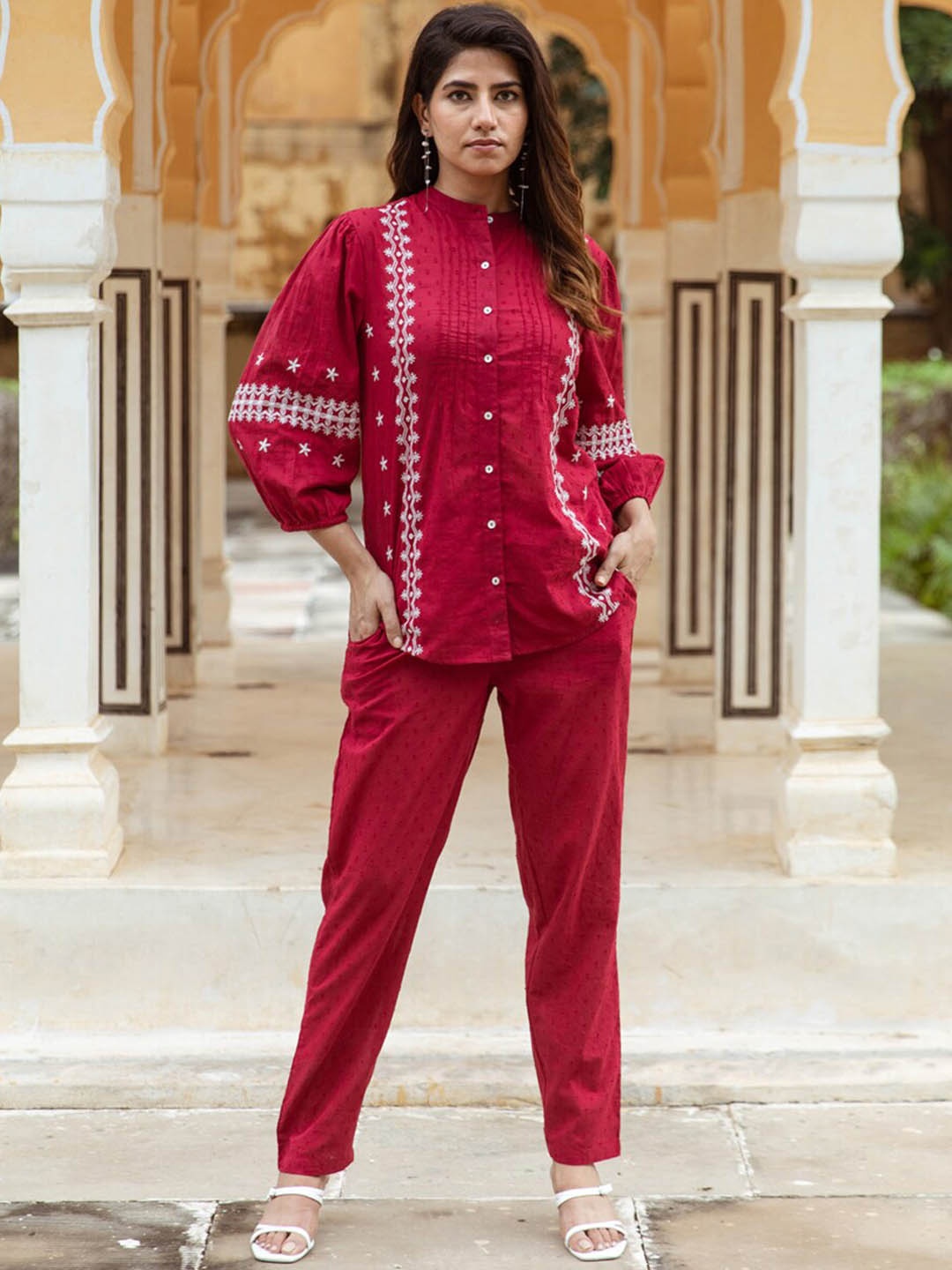 

Aadews Embroidered Pure Cotton Dobby Top With Trousers Co-Ords, Maroon