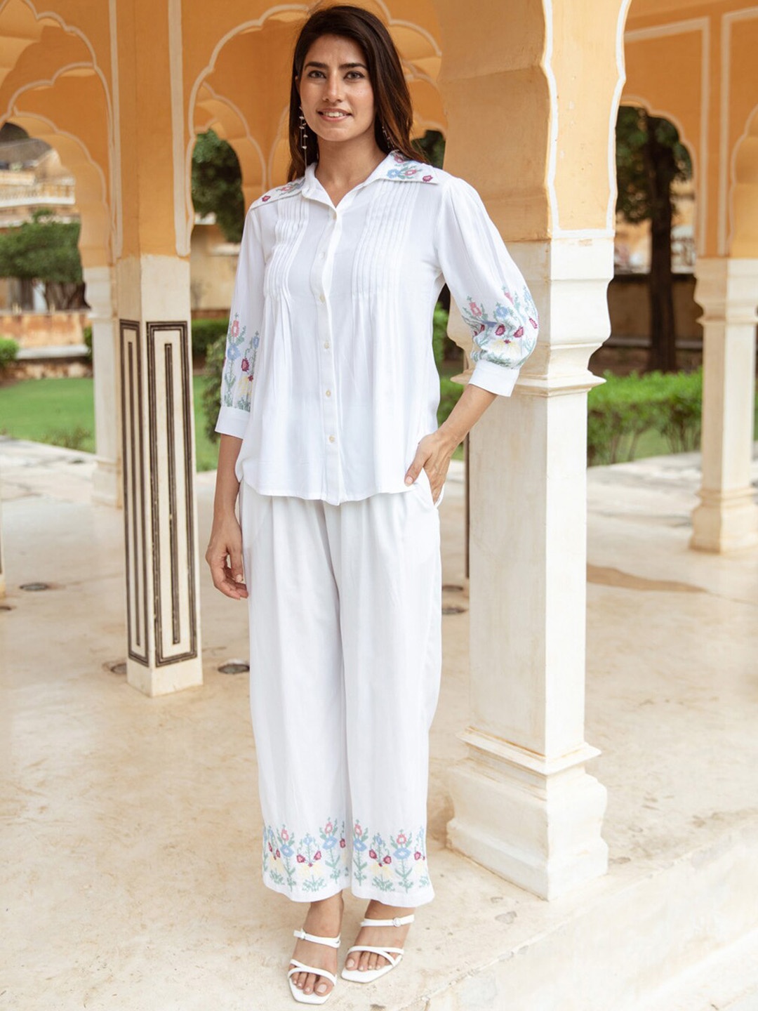 

Aadews Floral Embroidered Shirt With Palazzos, White