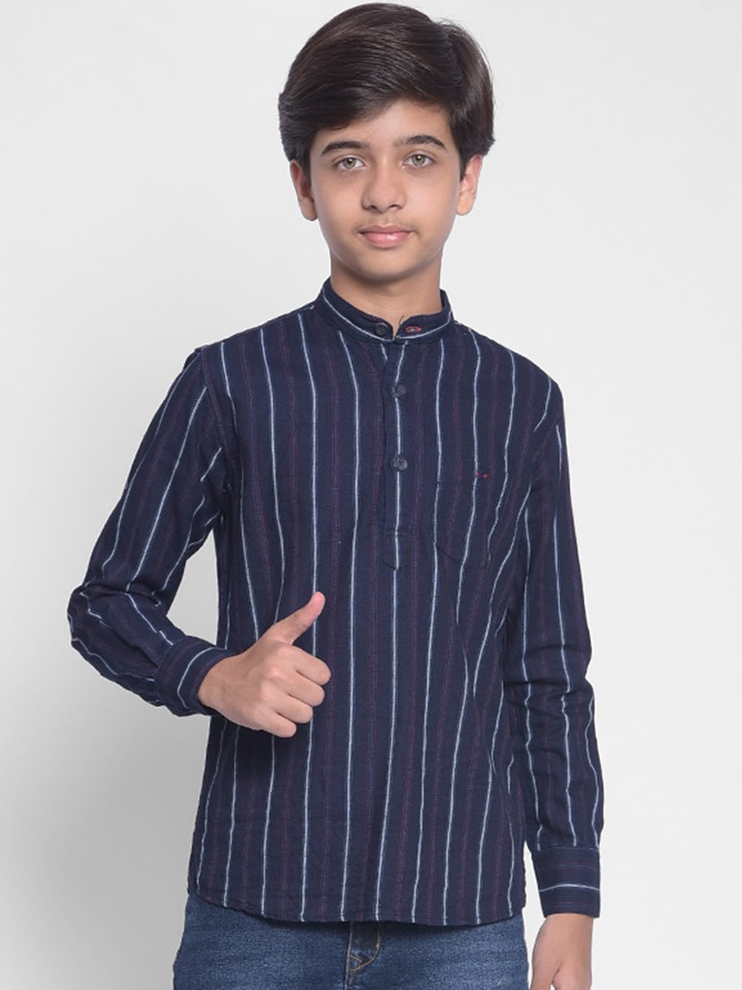 

Crimsoune Club Boys Striped Mandarin Collar Pure Cotton Regular Kurta, Navy blue