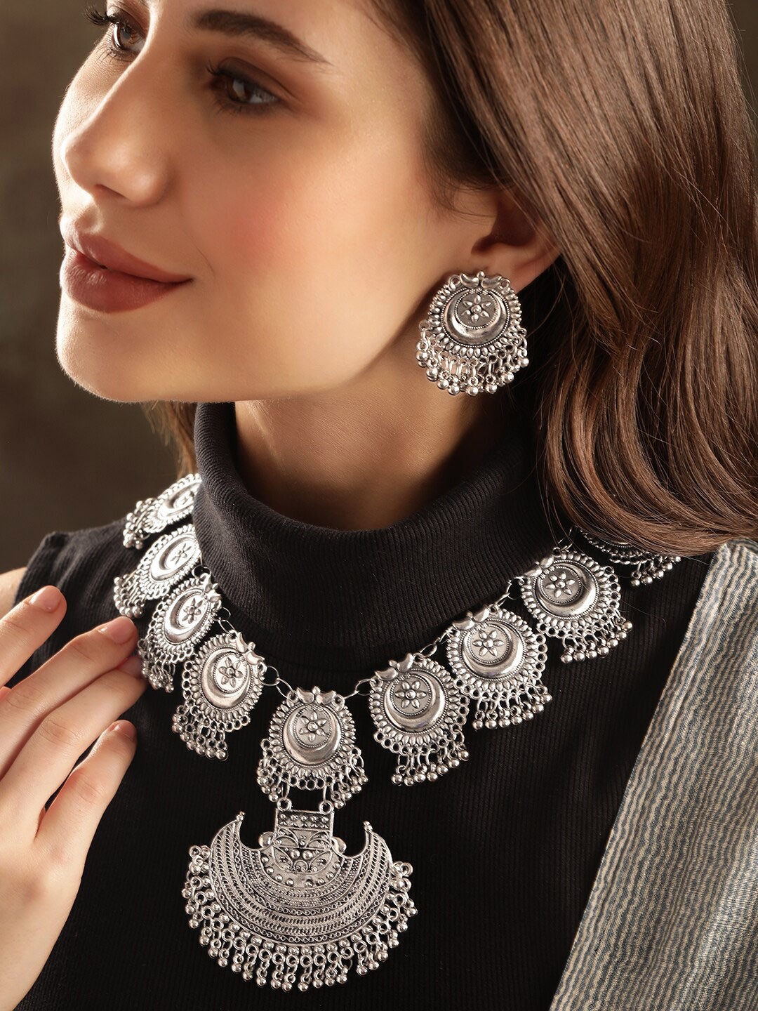 

Rubans Oxidized Rhodium-Plated Ghungroo Beaded Jewellery Set, Silver