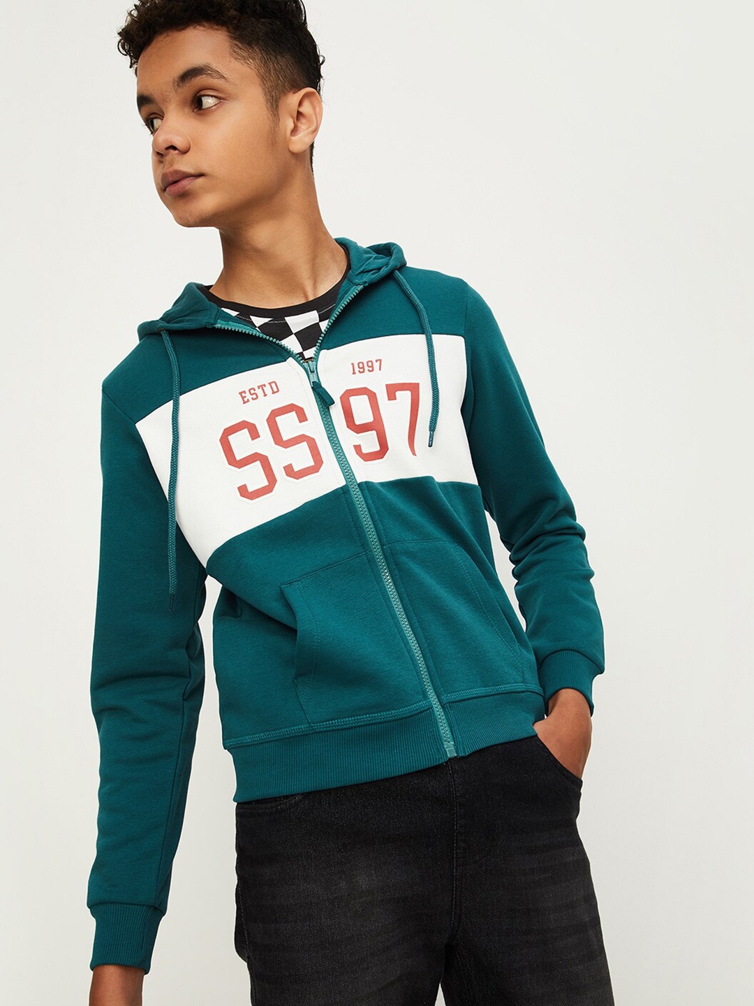 

max Boys Colourblocked Hooded Front-Open Sweatshirt, Blue