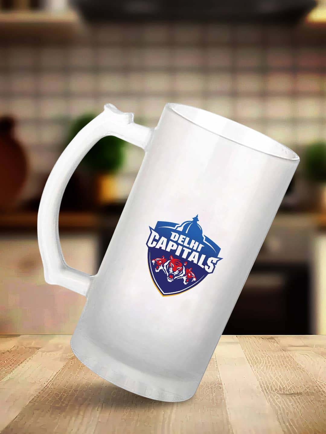 

macmerise Transparent & Blue Delhi Capitals Printed Glass Matte Mug 475 ML