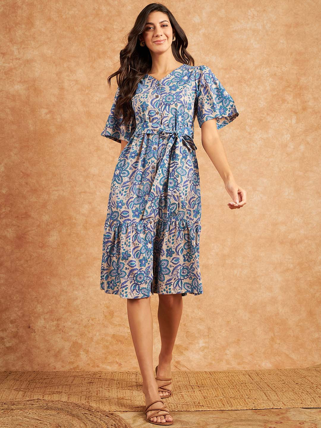 

RIVZA Floral Printed Cotton A Line Dress, Blue