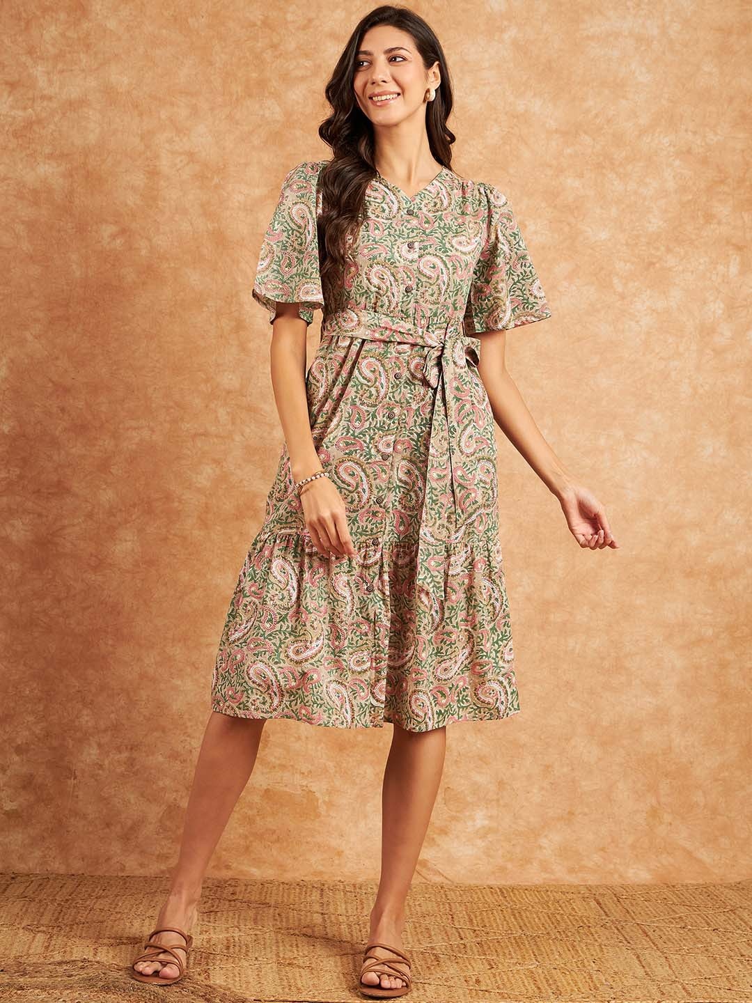 

RIVZA Ethnic Motifs Printed Cotton A-Line Dress, Beige