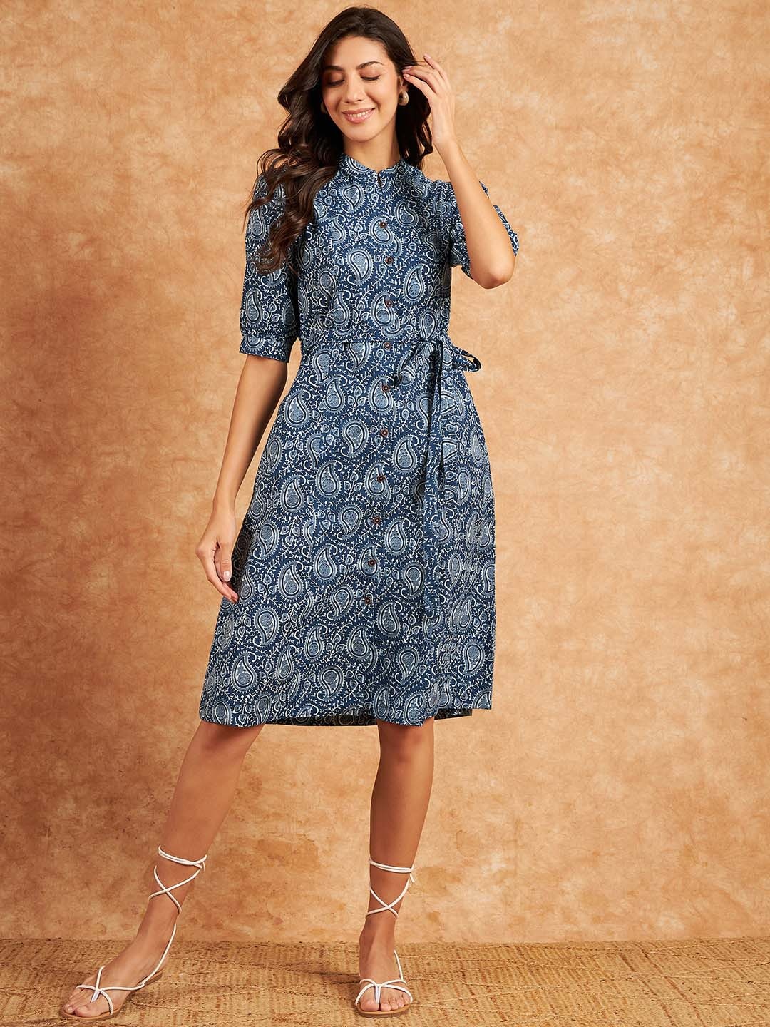 

RIVZA Ethnic Motifs Printed Cotton A-Line Dress, Blue