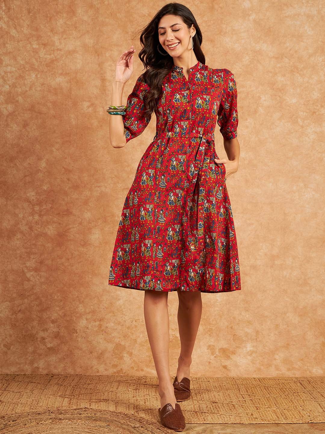 

RIVZA Ethnic Motifs Printed Belted Cotton A Line Dress, Red