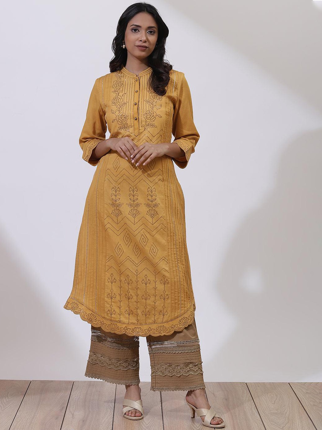 

Lakshita Floral Embroidery Sequin Pure Cotton Straight Kurta, Mustard